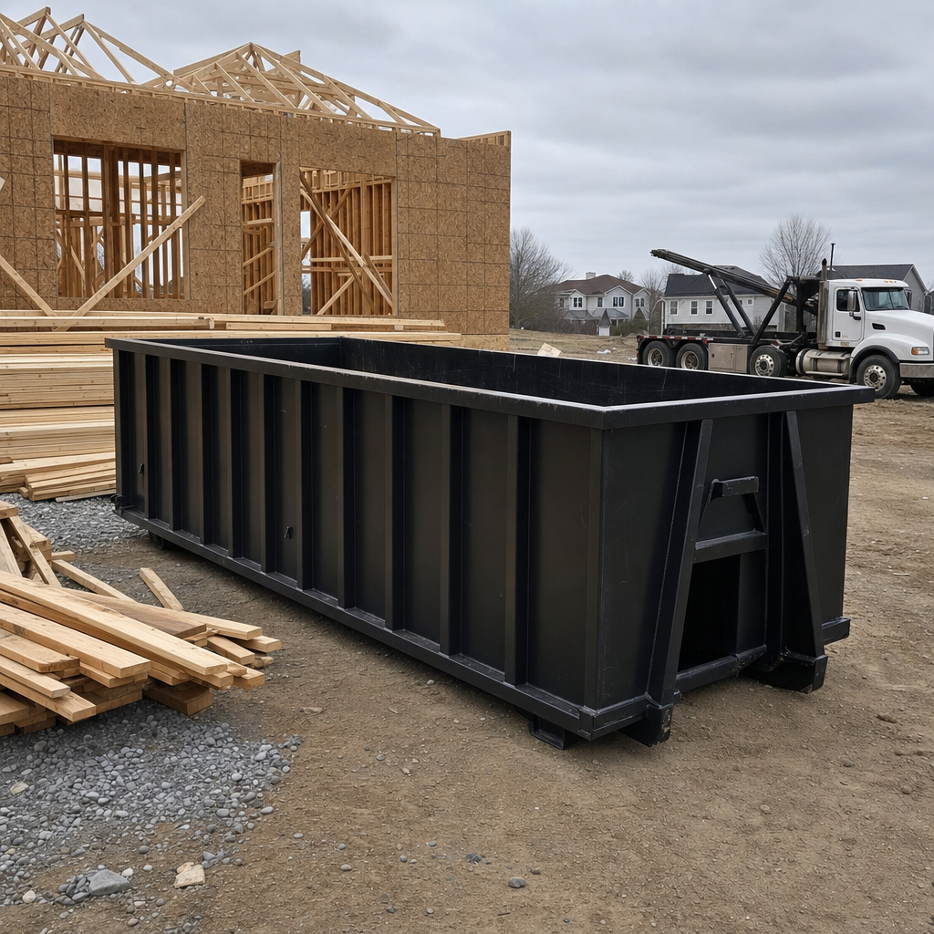 Matte-black 40-yard roll-off dumpster staged on a framed-out residential construction site in Colorado Springs, framing lumber stacked nearby, hooklift delivery truck visible in the background under bright Colorado daylight