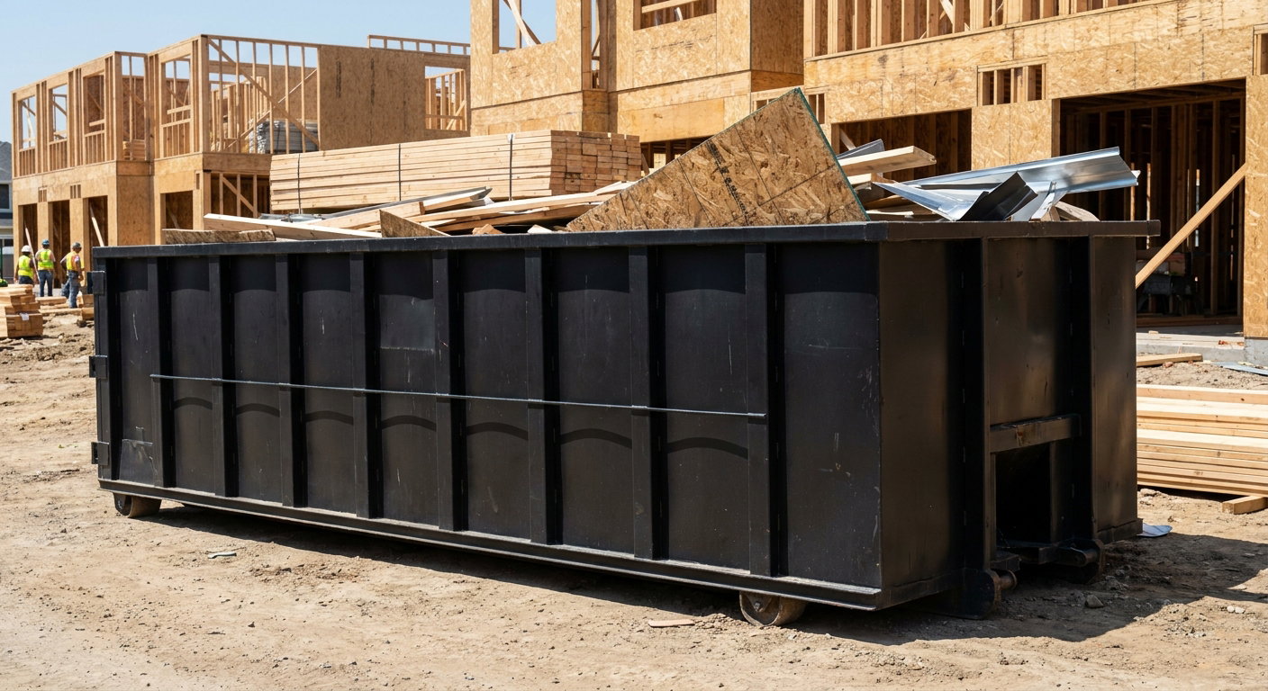 Matte-black 40-yard roll-off construction dumpster being lowered from a white-cab hooklift delivery truck onto the compacted-dirt jobsite at a commercial build site in Colorado Springs