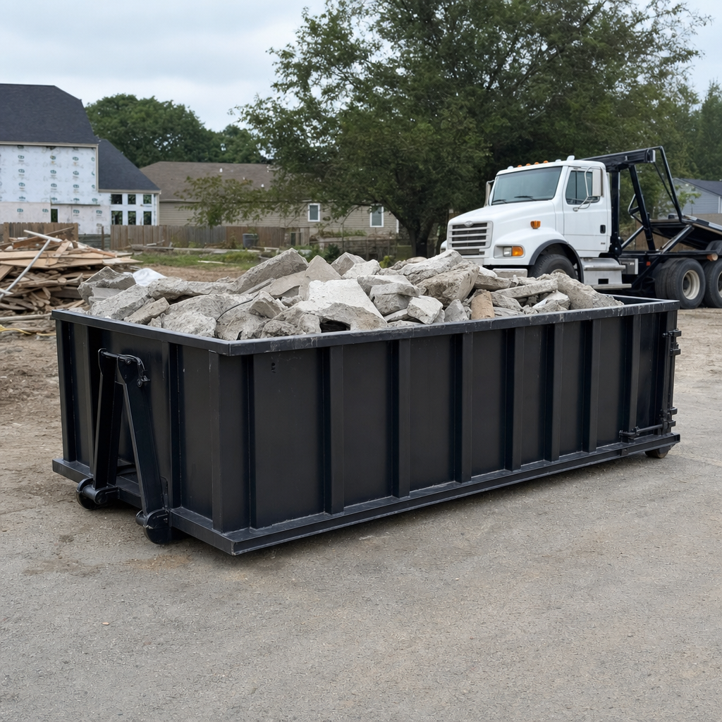 Low-profile matte-black lowboy roll-off dumpster loaded with broken concrete slab and rebar at a foundation tear-out in Colorado Springs, skid steer parked beside it, sunny Colorado morning