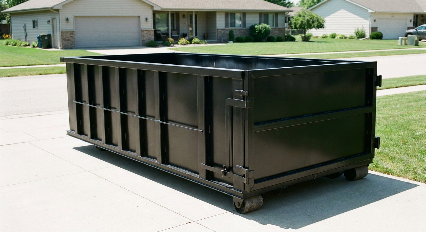 Matte-black 10-yard roll-off dumpster on a residential concrete driveway in Colorado Springs, uniformly painted matte black across every panel and rail, ribbed steel sidewalls and rear swing door visible, mid-day daylight.