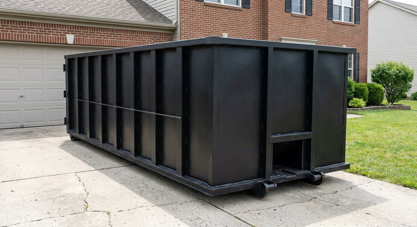 Matte-black 20-yard roll-off container on a Colorado Springs residential concrete driveway with reinforced ribbed steel sidewalls and a hinged rear walk-in door, clean bright daylight.