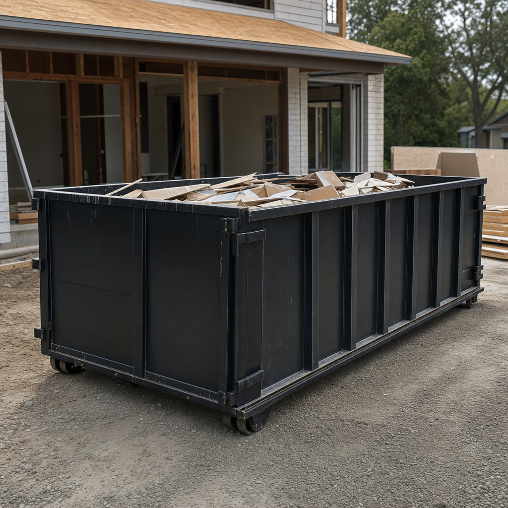 Large matte-black 30-yard construction roll-off dumpster at an active Colorado Springs jobsite, steel-gray top rails and bottom rollers visible, loaded with construction debris.