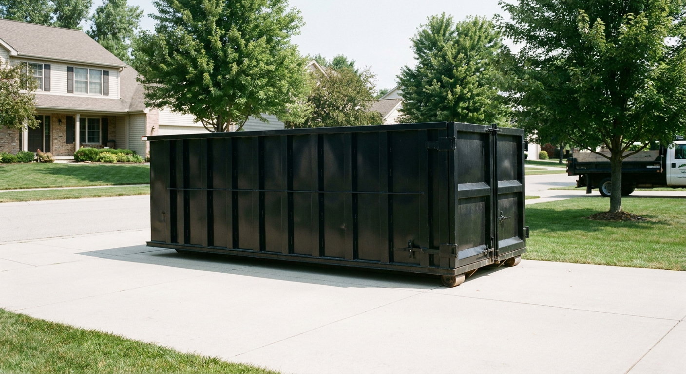 Matte-black 20-yard roll-off dumpster sitting level on a clean Colorado Springs residential concrete driveway under bright daylight, demonstrating clean placement directly on the concrete.