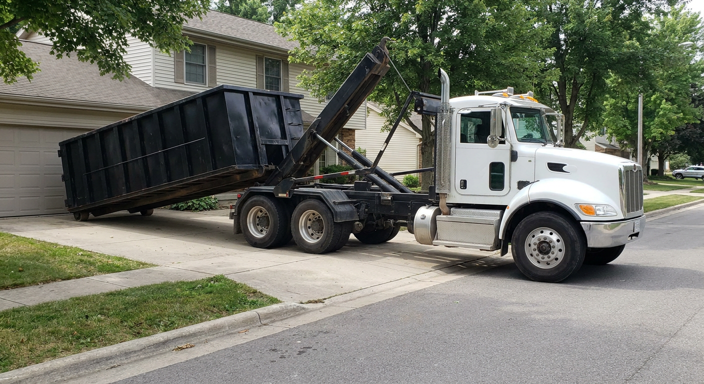 White-cab hooklift roll-off truck actively lowering a matte-black dumpster onto a Colorado Springs residential concrete driveway, the dumpster's rear wheels touching the driveway as the hoist arm tilts the bed forward, mid-morning daylight.