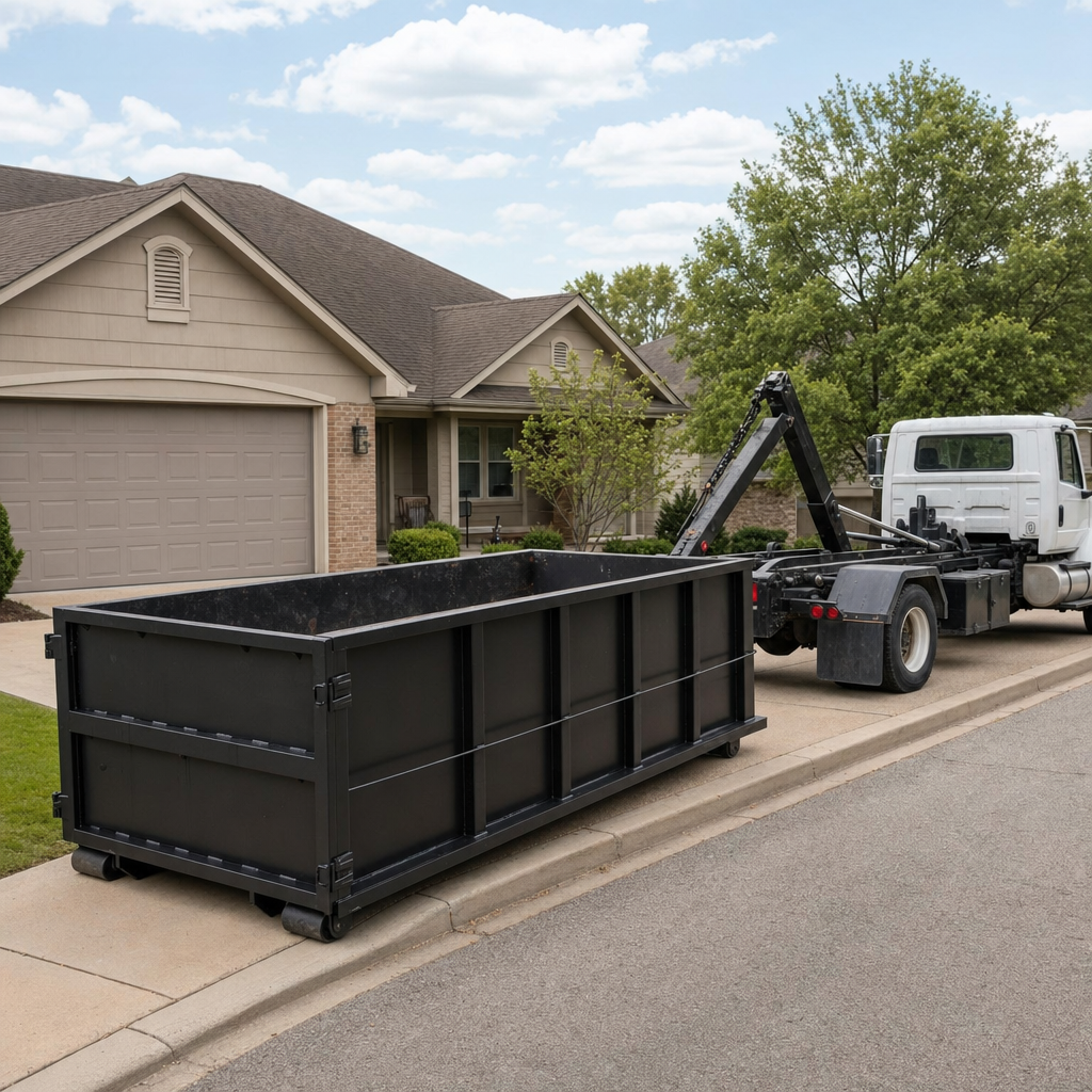Wide documentary shot of a matte-black roll-off dumpster on a Colorado Springs residential driveway in the foreground and a contractor jobsite container in the soft-focus background, bright daylight, calm and orderly composition.