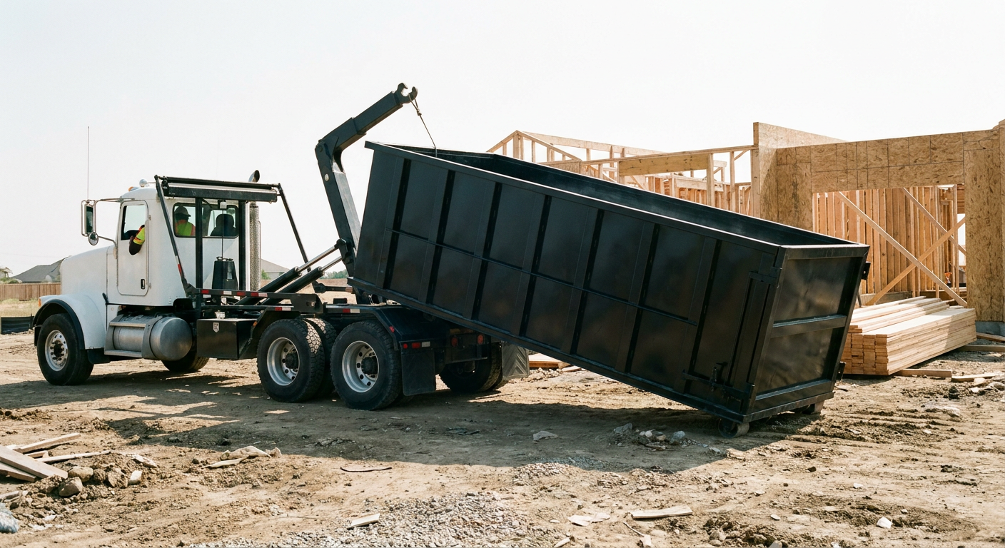 Matte-black roll-off dumpster being delivered onto a clean residential concrete driveway in Colorado Springs by an unmarked white hooklift hauler truck, bright morning daylight, documentary 35mm perspective.