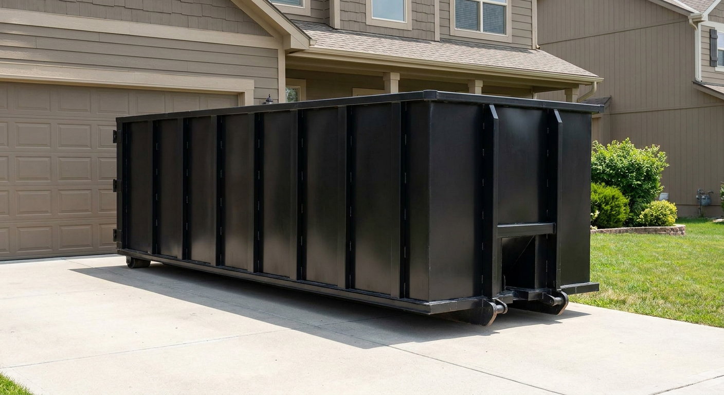 Matte-black residential roll-off dumpster sitting directly on a suburban Colorado Springs concrete driveway, garage door closed, single-family home in background, bright morning daylight.