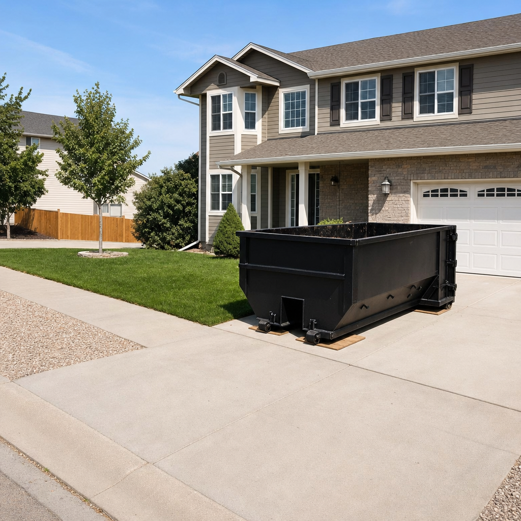10-yard matte-black residential dumpster placed directly on a narrow Colorado Springs concrete driveway, room remains for a parked sedan beside it, mid-morning natural light
