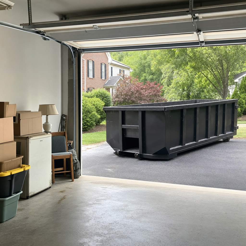 Open garage interior in a Colorado Springs home mid-cleanout — boxed items, an old appliance, and stacked yard tools queued near the driveway for a matte-black roll-off dumpster, organized and calm