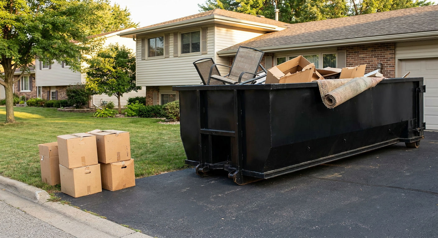 Front-yard view of a Colorado Springs split-level home with a 20-yard matte-black roll-off dumpster sitting directly on the asphalt driveway, a few clearly labeled donation boxes staged at the curb, calm sunny afternoon.