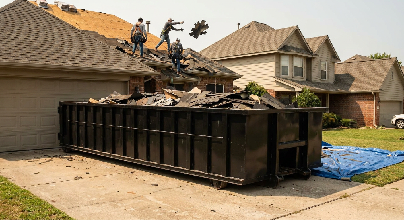 Matte-black roofing roll-off dumpster placed directly on a Colorado Springs residential concrete driveway, a tear-off crew on a two-story asphalt-shingle roof tossing shingle bundles into the low-walled container, bright daylight, documentary 35mm perspective.