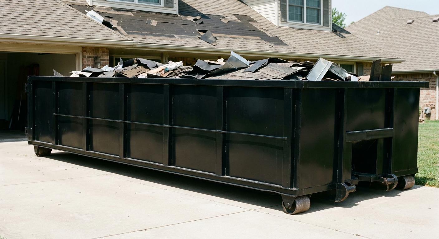 Matte-black 20-yard roofing roll-off dumpster with steel ribbed sides and swinging rear door, sitting directly on the concrete driveway of a two-story Colorado Springs home, asphalt shingle debris being loaded over the low wall, clean documentary lighting.