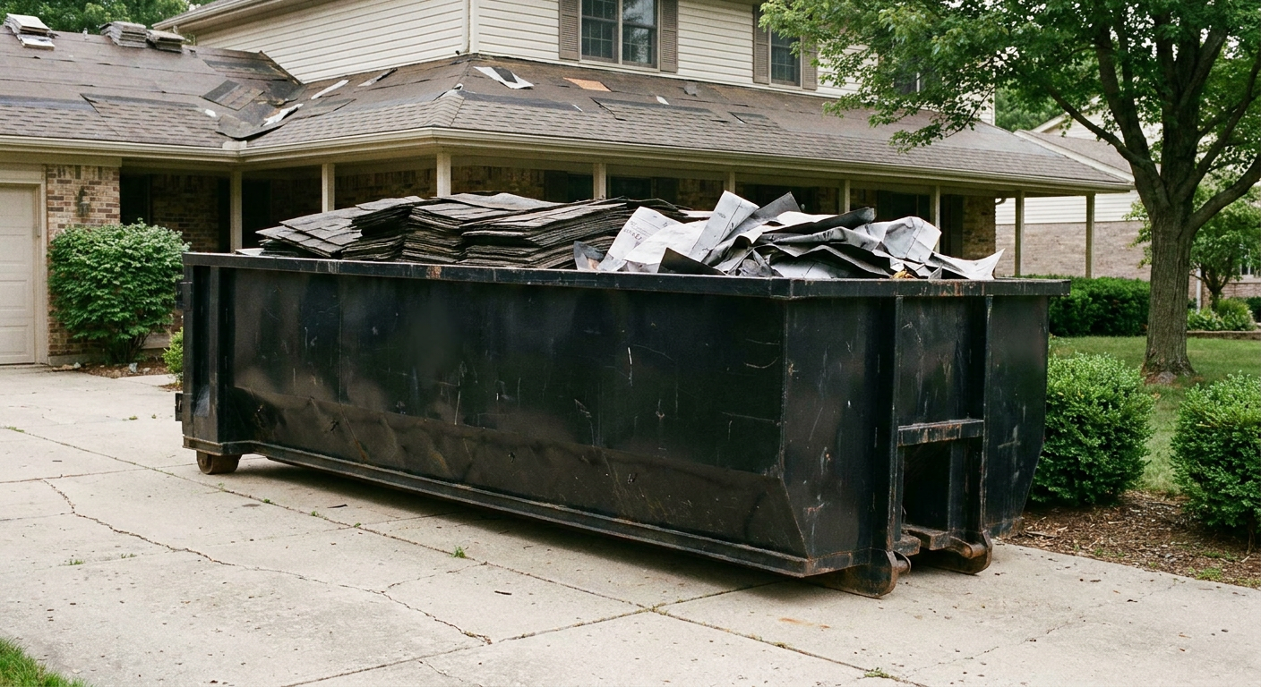 Matte-black 30-yard roofing roll-off dumpster sitting directly on a Colorado Springs concrete driveway, taller ribbed steel side panels, mixed tear-off debris of asphalt shingles and underlayment inside, professional documentary daylight.