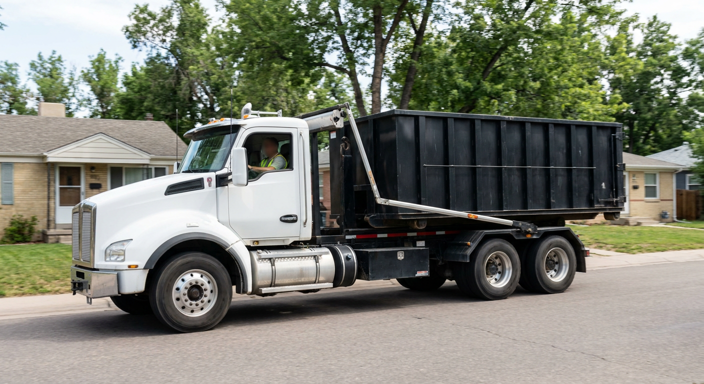 A wide documentary shot of a matte-black roll-off delivery truck pulling onto a quiet Colorado Springs residential street at mid-morning, with neighborhood rooftops and tree-lined blocks visible behind, showing the metro coverage footprint.
