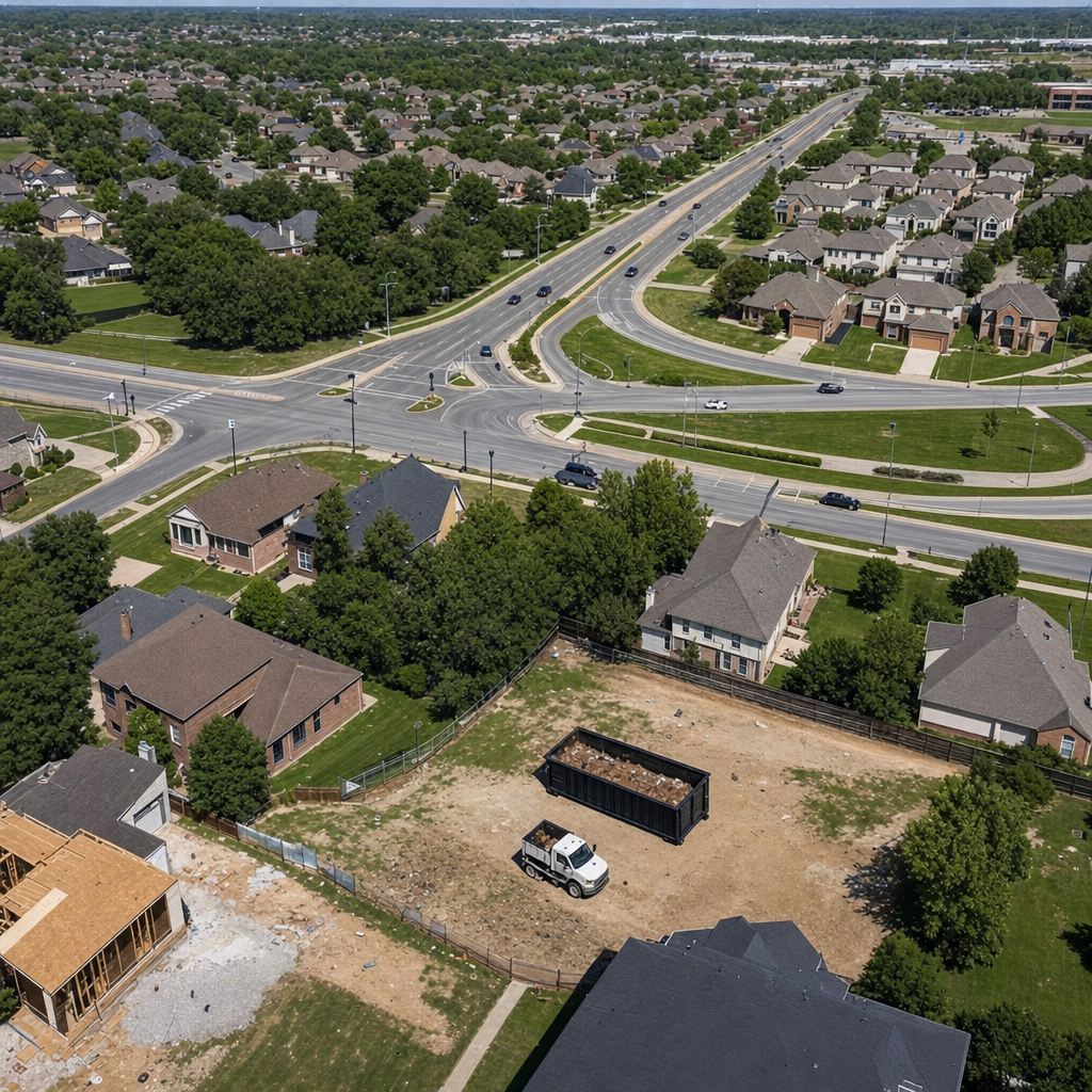 An overhead documentary view of the Colorado Springs metro area at midday, showing the spread of neighborhoods, arterial roads, and the dispatch radius from a central yard — clean daylight, organized geographic layout.