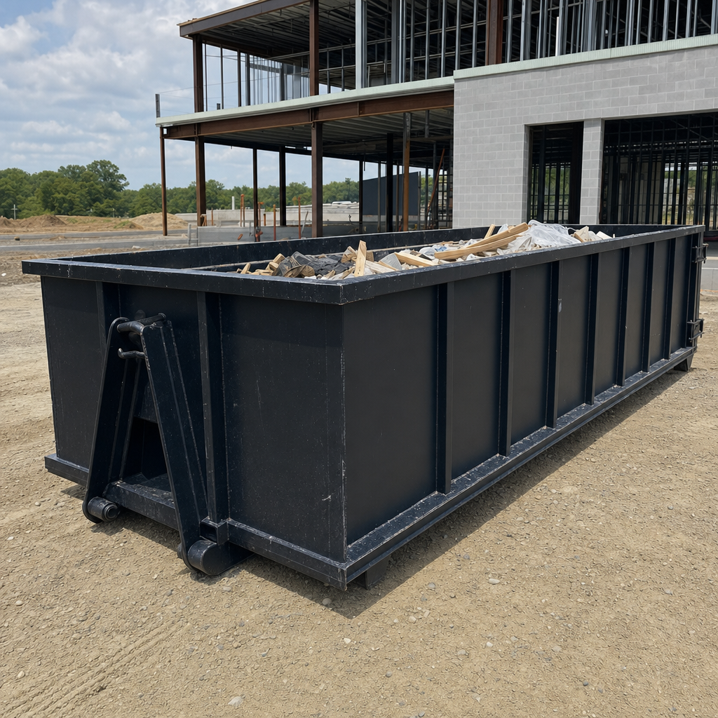 A matte-black 40-yard roll-off dumpster staged on a large Colorado Springs commercial construction lot, with a hooklift delivery truck parked alongside under bright midday sky.