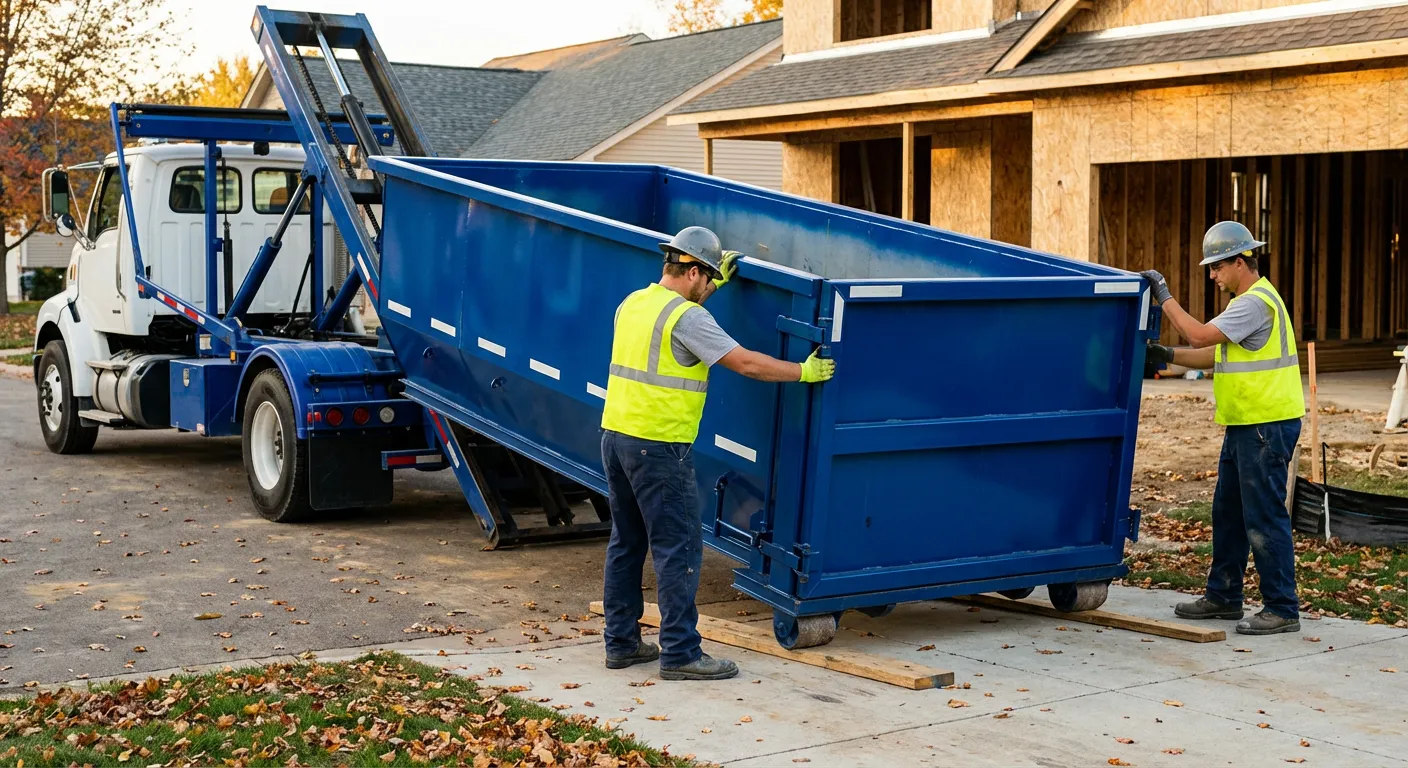 Roll-off dumpster delivery truck in residential area in Colorado Springs, CO