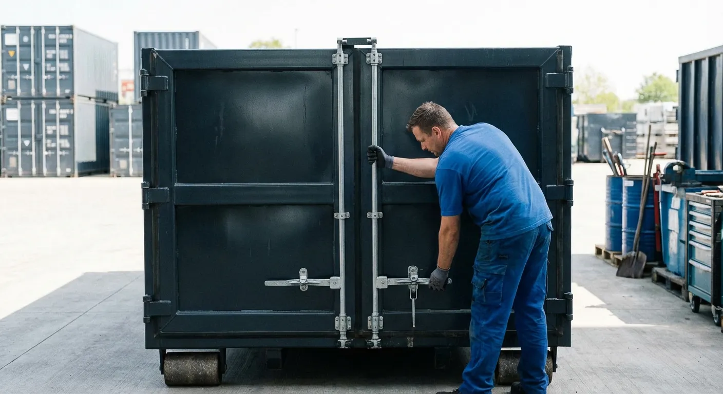 Dumpster walk-in loading door open showing easy access in Colorado Springs, CO